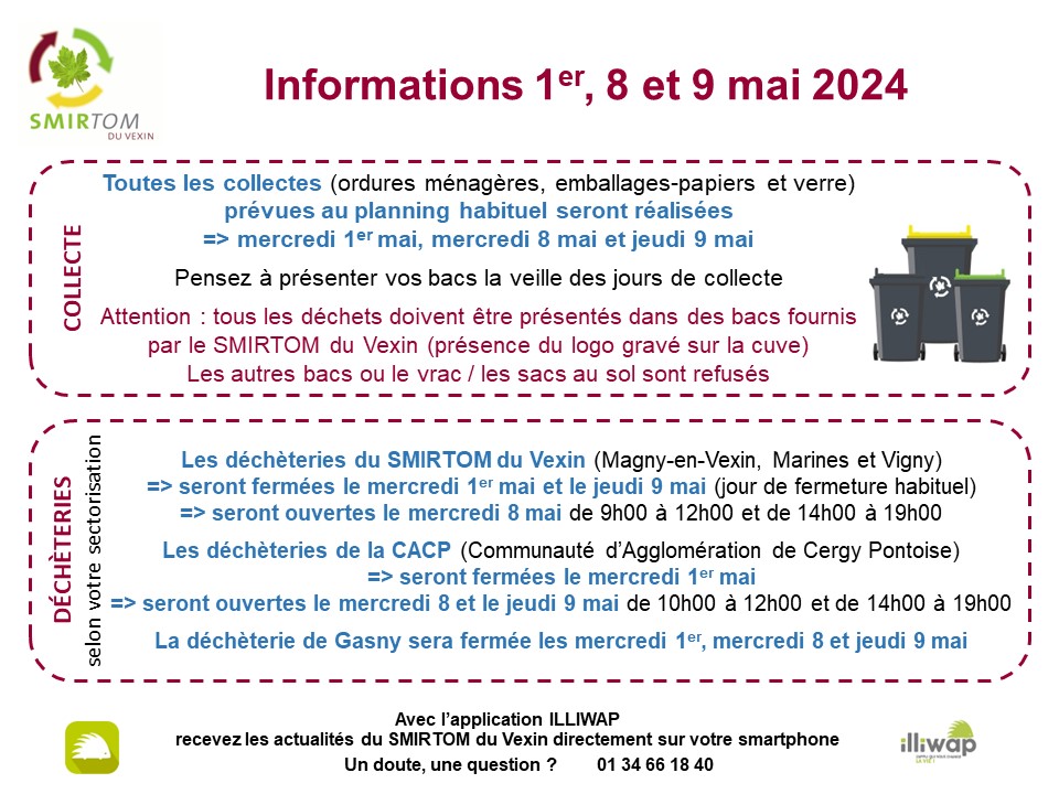 Informations Collecte & Déchèteries 1er, 8 et 9 mai 2024